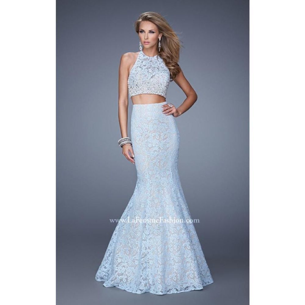 La Femme Two Piece Blue Lace Mermaid Skirt & Halter Long Prom Dress Gown 6 NWT